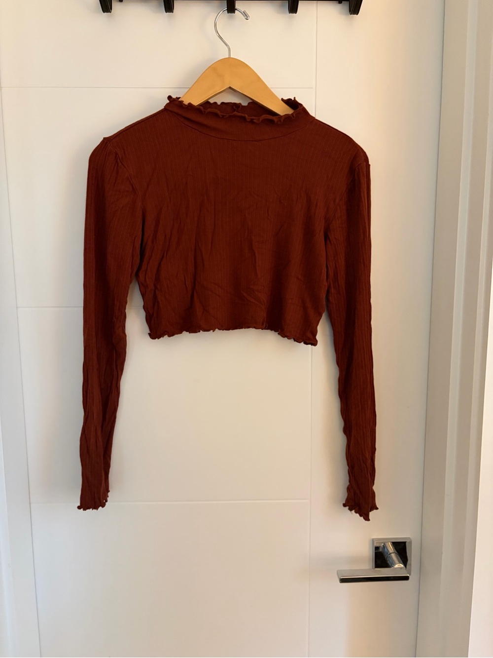 vestique Rust Ruffled Mock Neck Cropped Long Sleeve Top